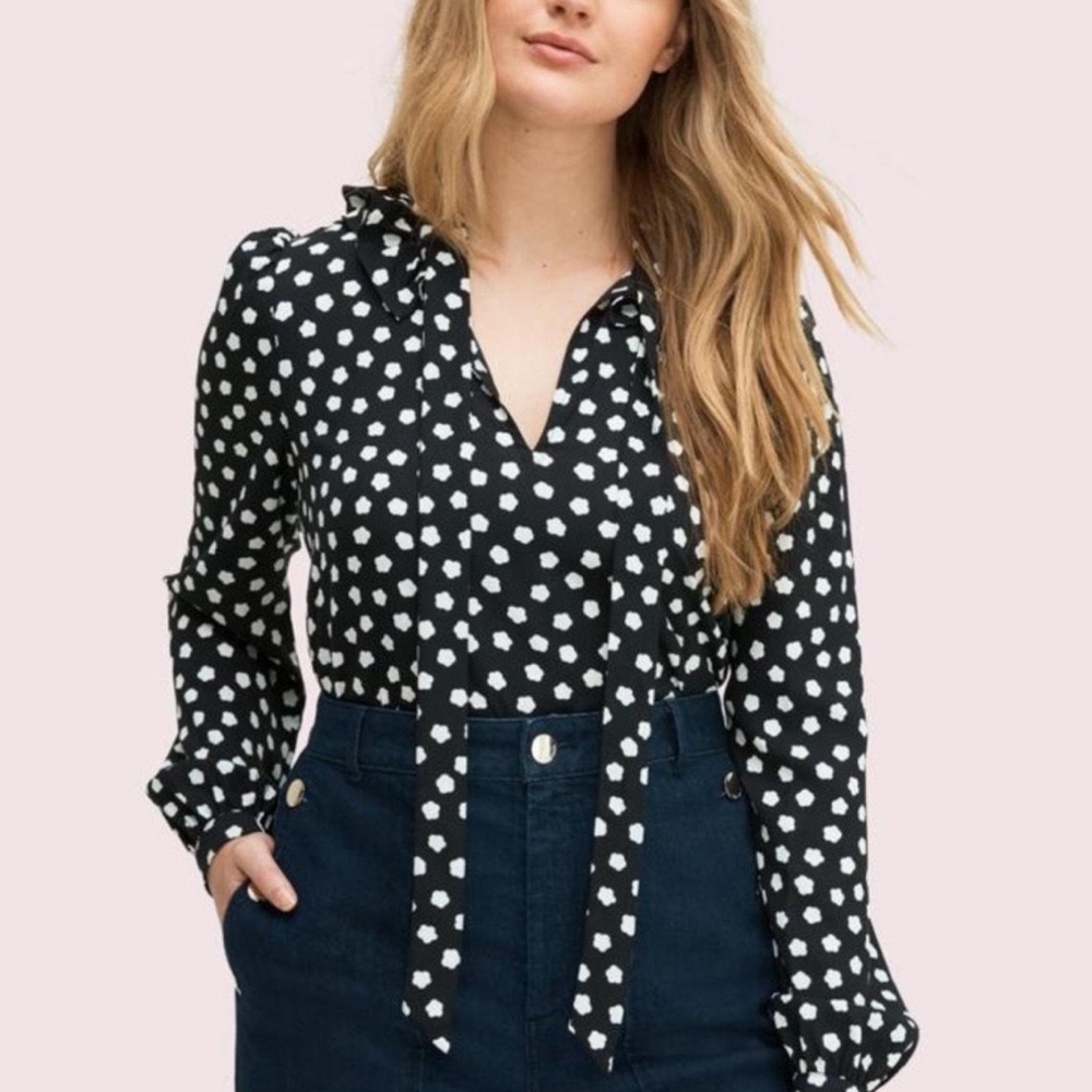 kate spade Black and White Cloud Dot Tie-Neck Blouse